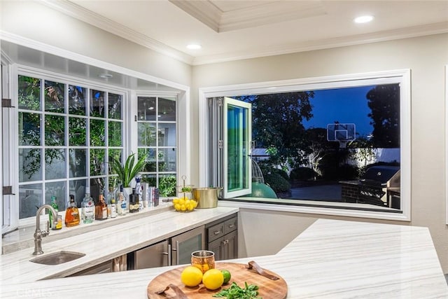 1232 Blue Gum Ln, Newport Beach, CA 92660 - interior space featuring recessed lighting, crown molding, and a sink
