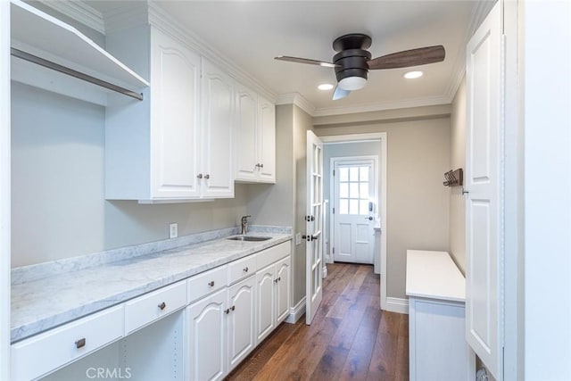1232 Blue Gum Ln, Newport Beach, CA 92660 - washroom featuring dark wood finished floors, recessed lighting, ornamental molding, a sink, and a ceiling fan