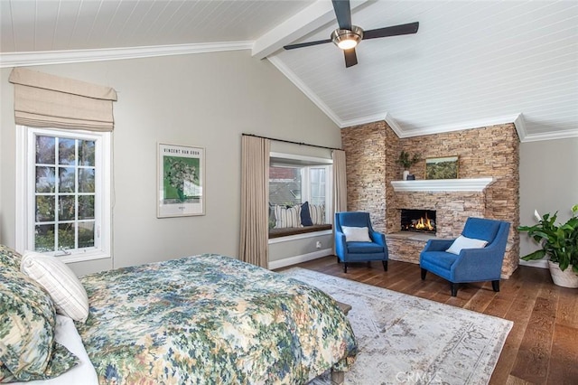 1232 Blue Gum Ln, Newport Beach, CA 92660 - bedroom featuring a ceiling fan, a stone fireplace, wood-type flooring, and vaulted ceiling