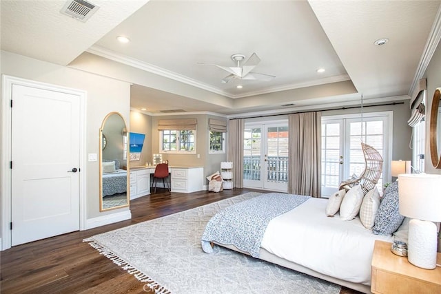 1232 Blue Gum Ln, Newport Beach, CA 92660 - bedroom with access to outside, dark wood-style flooring, built in study area, visible vents, and crown molding
