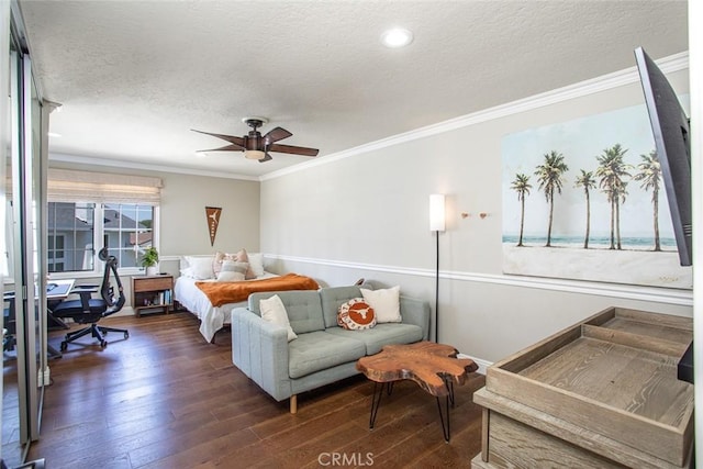 1232 Blue Gum Ln, Newport Beach, CA 92660 - bedroom featuring a textured ceiling, crown molding, baseboards, recessed lighting, and dark wood-type flooring