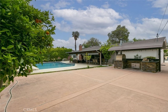 outdoor pool with a patio and area for grilling