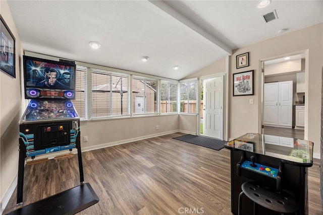1229 Central Ave, Fullerton, CA 92831 - playroom featuring wood finished floors, baseboards, vaulted ceiling, and recessed lighting