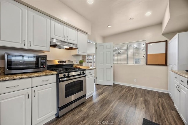 1229 Central Ave, Fullerton, CA 92831 - kitchen with stainless steel gas stove, under cabinet range hood, dark wood-type flooring, white cabinetry, and light stone counters