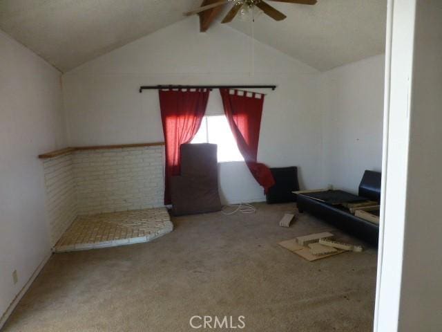 3465 Condor Rd Unit 29, Palms, CA 92277 - interior space featuring lofted ceiling with beams, carpet, and ceiling fan