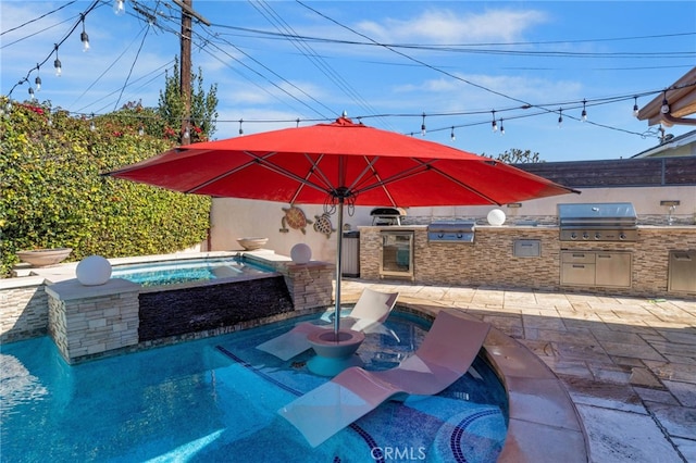 2791 Brimhall Dr, Rossmoor, CA 90720 - view of patio featuring grilling area, area for grilling, fence, and a pool with connected hot tub