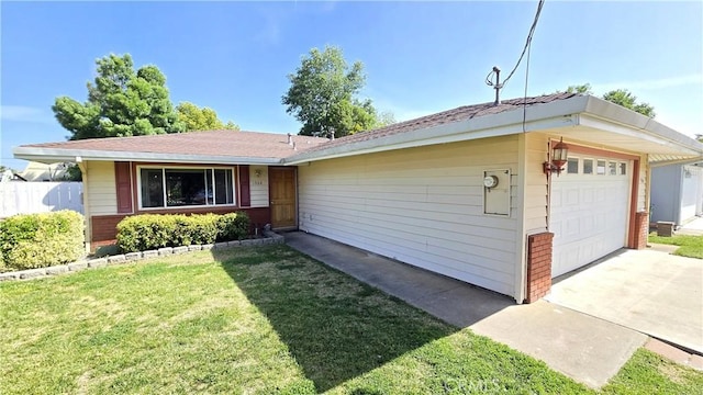 ranch-style home featuring an attached garage, driveway, a front lawn, and brick siding