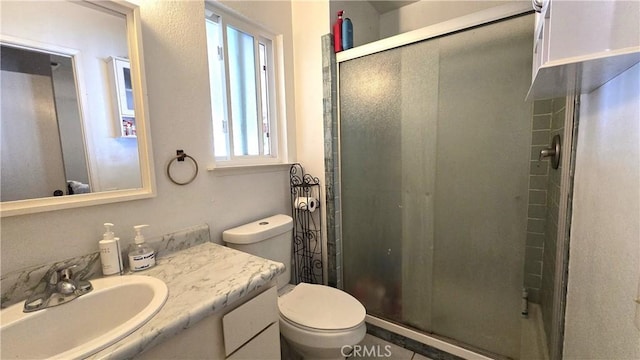 full bath featuring vanity, toilet, and a stall shower