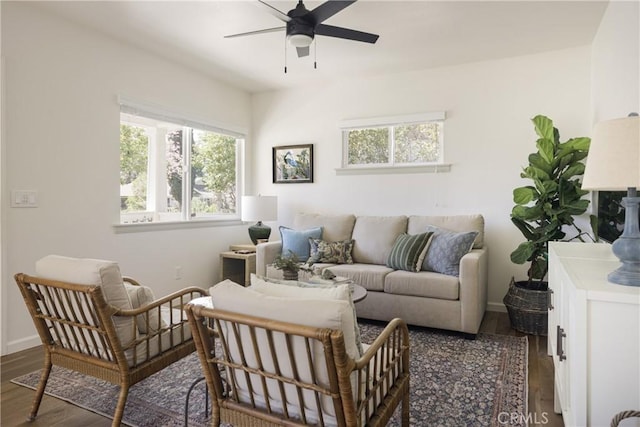 living area with a ceiling fan, wood finished floors, and a wealth of natural light