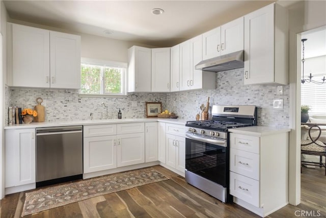 kitchen with a sink, dark wood-style floors, under cabinet range hood, stainless steel appliances, and white cabinetry