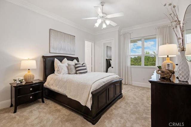 25032 Trilogy Trail Ln, Murrieta, CA 92562 - bedroom featuring crown molding, baseboards, a ceiling fan, and light colored carpet