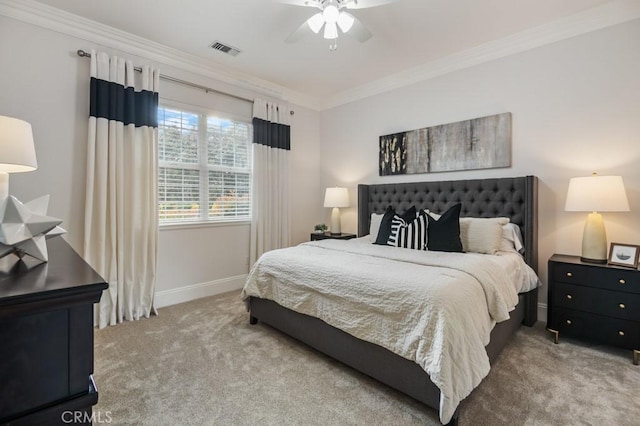 25032 Trilogy Trail Ln, Murrieta, CA 92562 - bedroom with carpet flooring, a ceiling fan, baseboards, visible vents, and ornamental molding