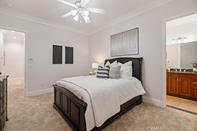 25032 Trilogy Trail Ln, Murrieta, CA 92562 - bedroom featuring light carpet, a sink, baseboards, ensuite bathroom, and ornamental molding