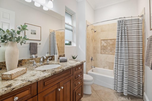 25032 Trilogy Trail Ln, Murrieta, CA 92562 - bathroom featuring crown molding, tile patterned flooring, vanity, toilet, and shower / tub combo