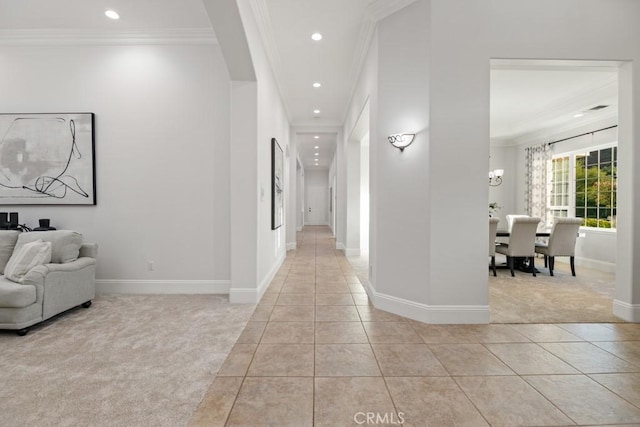 25032 Trilogy Trail Ln, Murrieta, CA 92562 - corridor featuring baseboards, recessed lighting, light tile patterned flooring, and light colored carpet