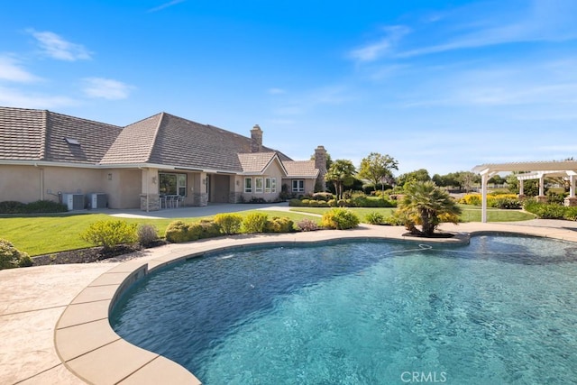 25032 Trilogy Trail Ln, Murrieta, CA 92562 - outdoor pool featuring a patio, a yard, a pergola, and cooling unit