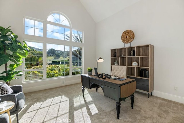 25032 Trilogy Trail Ln, Murrieta, CA 92562 - office space featuring high vaulted ceiling, baseboards, and carpet