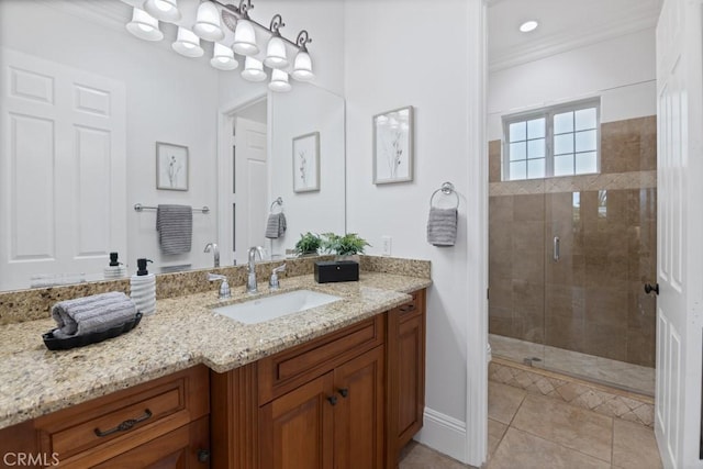 25032 Trilogy Trail Ln, Murrieta, CA 92562 - full bath featuring tile patterned flooring, ornamental molding, vanity, baseboards, and a shower stall