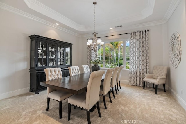 25032 Trilogy Trail Ln, Murrieta, CA 92562 - dining room featuring crown molding, a chandelier, light carpet, and a raised ceiling