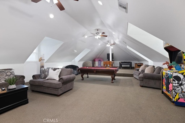 25032 Trilogy Trail Ln, Murrieta, CA 92562 - carpeted living area featuring ceiling fan, visible vents, billiards, and lofted ceiling