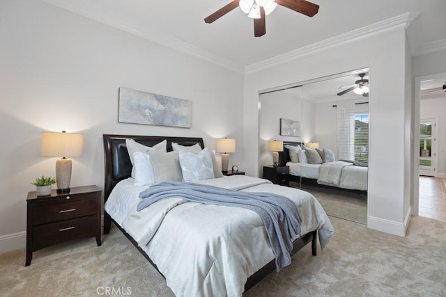 25032 Trilogy Trail Ln, Murrieta, CA 92562 - bedroom with a ceiling fan, light colored carpet, ornamental molding, and a closet