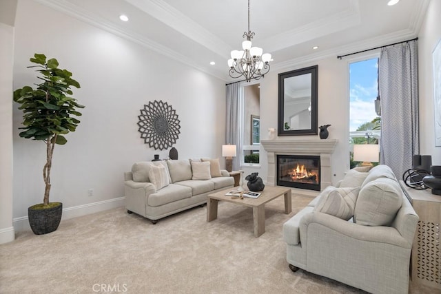 25032 Trilogy Trail Ln, Murrieta, CA 92562 - living room with a glass covered fireplace, crown molding, recessed lighting, and a chandelier