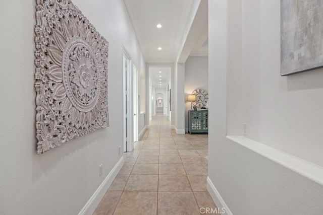 25032 Trilogy Trail Ln, Murrieta, CA 92562 - hallway featuring recessed lighting, ornamental molding, and light tile patterned floors
