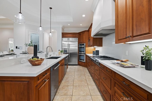25032 Trilogy Trail Ln, Murrieta, CA 92562 - kitchen featuring crown molding, appliances with stainless steel finishes, a sink, light countertops, and range hood