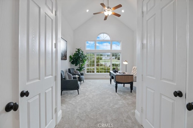 25032 Trilogy Trail Ln, Murrieta, CA 92562 - living area with a ceiling fan, carpet, and high vaulted ceiling