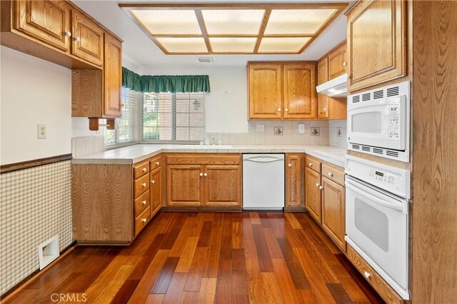5655 Via Mensabe, Riverside, CA 92506 - kitchen with white appliances, dark wood-style floors, under cabinet range hood, and light countertops
