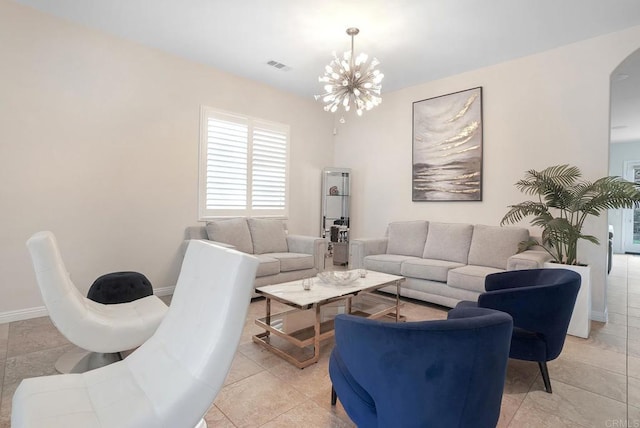 1693 Thompson Ave, Chula Vista, CA 91913 - living area with arched walkways, a chandelier, and light tile patterned floors