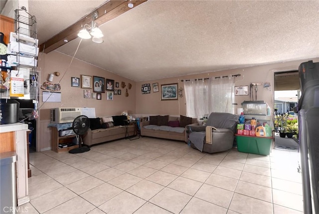 323 Whipple Mountain Rd, San Bernardino, CA 92410 - living area featuring light tile patterned flooring, a textured ceiling, and vaulted ceiling with beams
