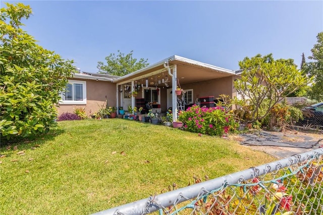 323 Whipple Mountain Rd, San Bernardino, CA 92410 - view of front of home featuring a front lawn, stucco siding, and fence