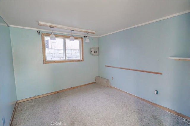carpeted spare room featuring baseboards and ornamental molding