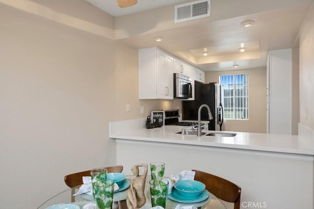 kitchen with visible vents, appliances with stainless steel finishes, a sink, a raised ceiling, and white cabinets