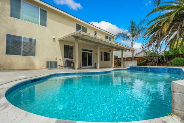 31746 Palomar Rd, Menifee, CA 92584 - view of swimming pool with a patio area, central AC unit, a fenced backyard, and ceiling fan