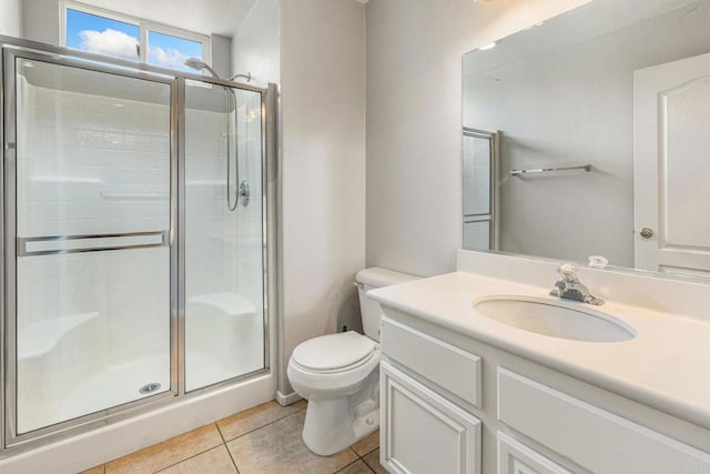 31746 Palomar Rd, Menifee, CA 92584 - bathroom with tile patterned floors, a stall shower, toilet, and vanity