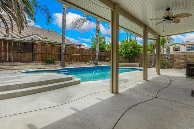 31746 Palomar Rd, Menifee, CA 92584 - view of pool with a fenced backyard, ceiling fan, a patio, and central AC