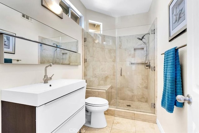 bathroom with tile patterned floors, toilet, vanity, visible vents, and a stall shower