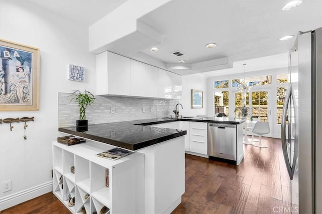 kitchen featuring white cabinets, a sink, stainless steel appliances, dark wood-style floors, and a peninsula