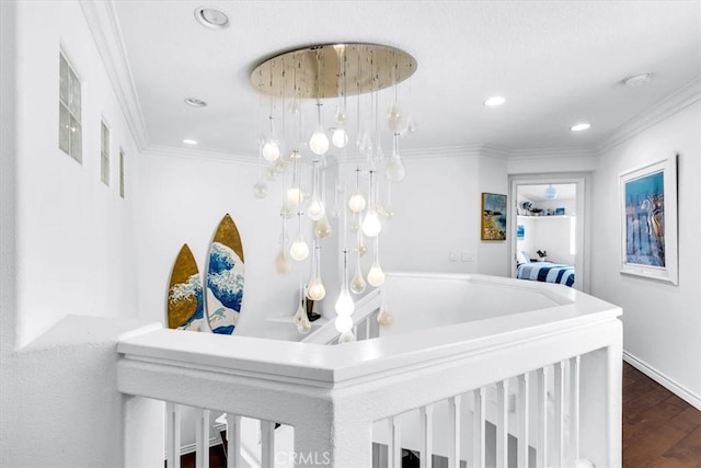 interior space featuring dark wood-style flooring, recessed lighting, ornamental molding, and baseboards