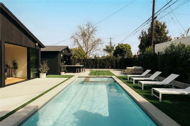 6144 W 76th St, Los Angeles, CA 90045 - view of pool featuring a fenced backyard, an outdoor hangout area, a fenced in pool, and a patio