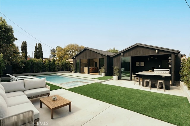 6144 W 76th St, Los Angeles, CA 90045 - view of swimming pool featuring a fenced in pool, outdoor lounge area, outdoor dry bar, a yard, and a patio area