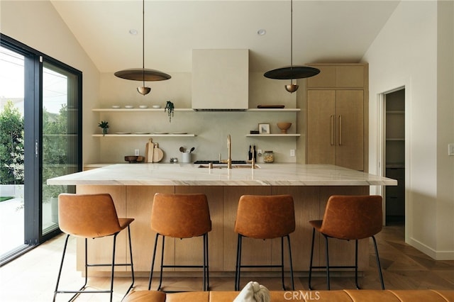 6144 W 76th St, Los Angeles, CA 90045 - kitchen with open shelves, lofted ceiling, a breakfast bar area, and a sink