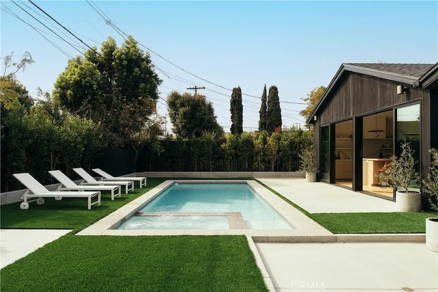 6144 W 76th St, Los Angeles, CA 90045 - view of swimming pool featuring a yard, a fenced in pool, a patio area, and a fenced backyard