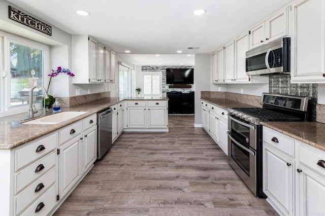 kitchen featuring recessed lighting, a sink, a peninsula, and stainless steel appliances