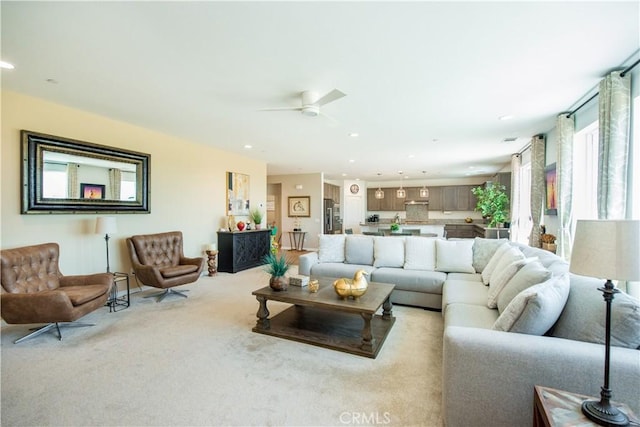 11534 Alana Ln, Beaumont, CA 92223 - carpeted living area featuring a ceiling fan and recessed lighting