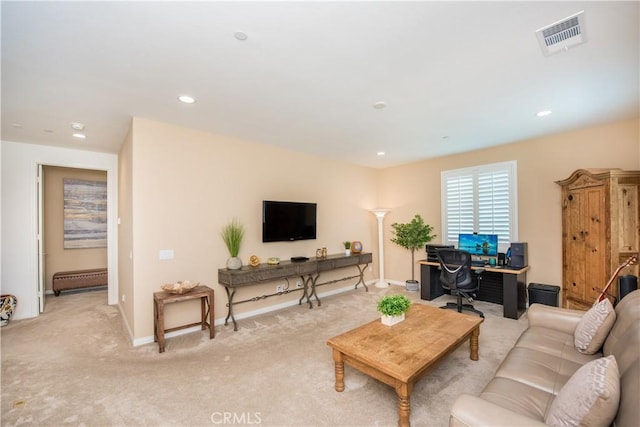 11534 Alana Ln, Beaumont, CA 92223 - living room featuring recessed lighting, baseboards, visible vents, and light colored carpet