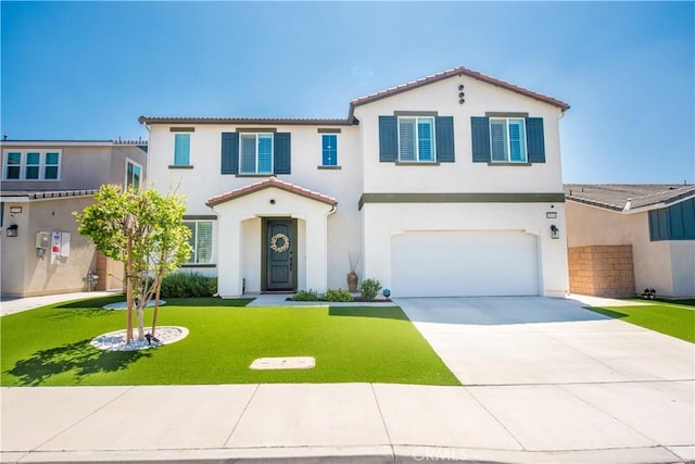 11534 Alana Ln, Beaumont, CA 92223 - mediterranean / spanish home featuring an attached garage, a tile roof, stucco siding, and driveway