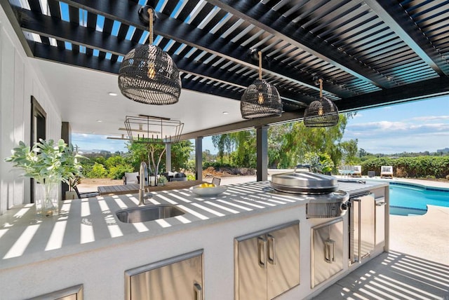 1105 Fulton Rd, San Marcos, CA 92069 - view of patio / terrace with a pergola, an outdoor pool, a sink, and area for grilling